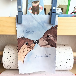 Paño para limpiar cristales de nutria, paño para limpiar cristales con motivo "Nutria y mapache - Te amo" | Paños de microfibra | lindo regalo impreso a mano