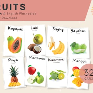 Cartes flash Fruits BISAYA avec traduction en anglais | Cartes bilingues | Montessori | Imprimable et facile à découper
