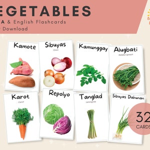 Vegetables BISAYA flash cards with English Translation | Bilingual Cards | Montessori | Printable and Easy to cut