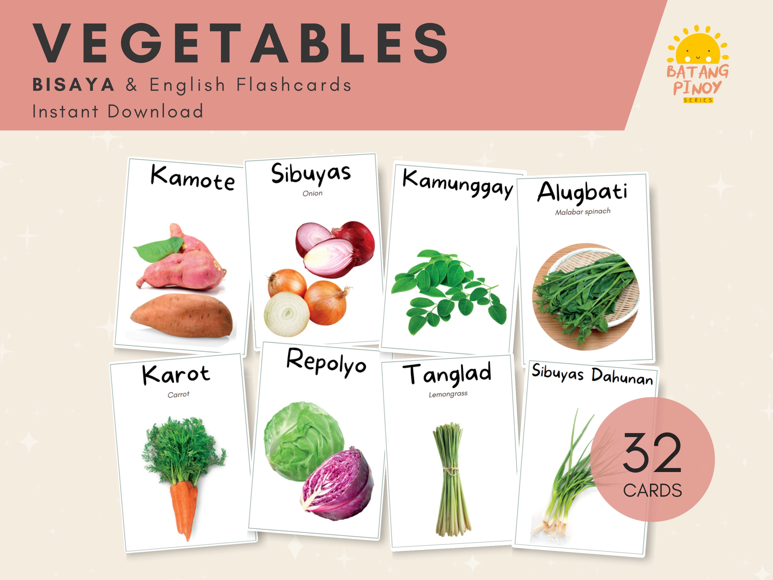 Vegetables BISAYA Flash Cards With English Translation Bilingual Cards