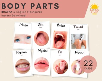 Tarjetas didácticas BISAYA con traducción al inglés de las partes del cuerpo / Tarjetas bilingües / Montessori / Imprimibles y fáciles de recortar