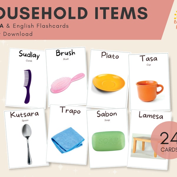 Household Items BISAYA flash cards with English Translation | Bilingual Cards | Montessori | Printable and Easy to cut