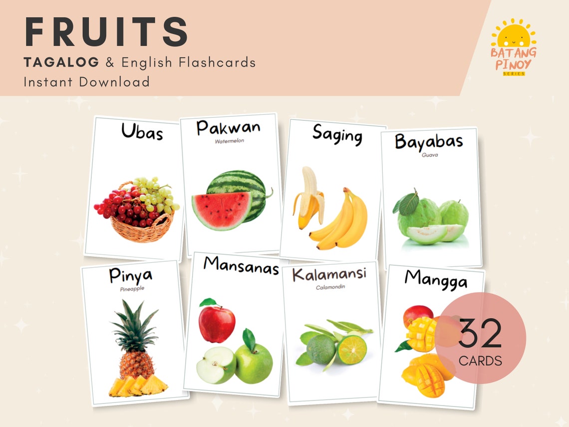 Fruits TAGALOG Flash Cards With English Translation Bilingual Cards