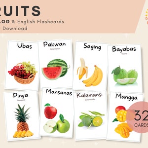 Cartes flash TAGALOG de Fruits avec traduction en anglais | Cartes bilingues | Montessori | Imprimable et facile à découper