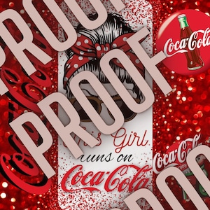 May include: A red and white phone case with a cartoon illustration of a woman with a red and white polka dot headband and sunglasses. The text "This girl runs on Coca-Cola" is printed on the case. A red Coca-Cola logo with a bottle of Coca-Cola is in the background.