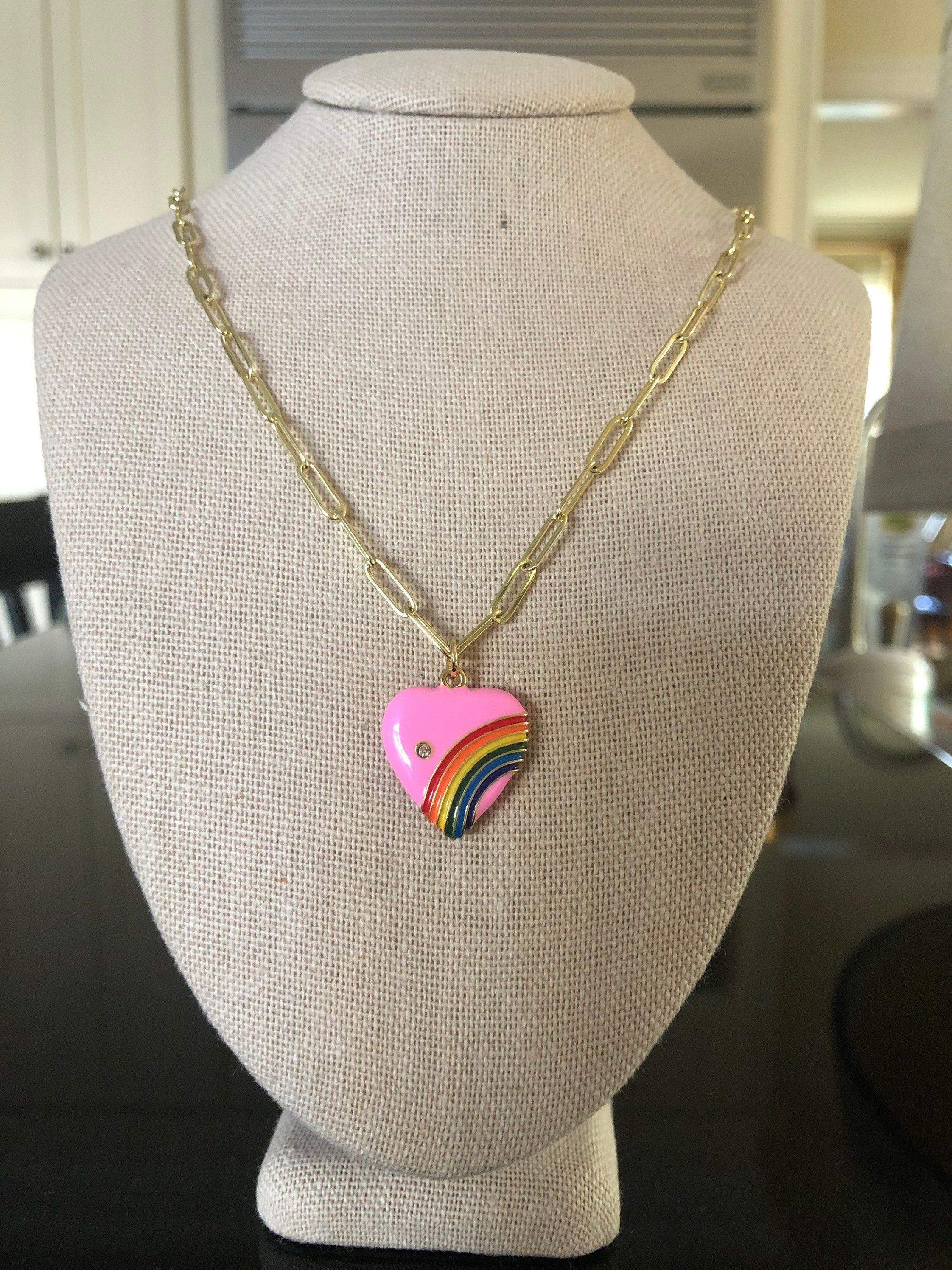 Rainbow Heart Paperclip Chain Preppy Enamel Necklace | Etsy