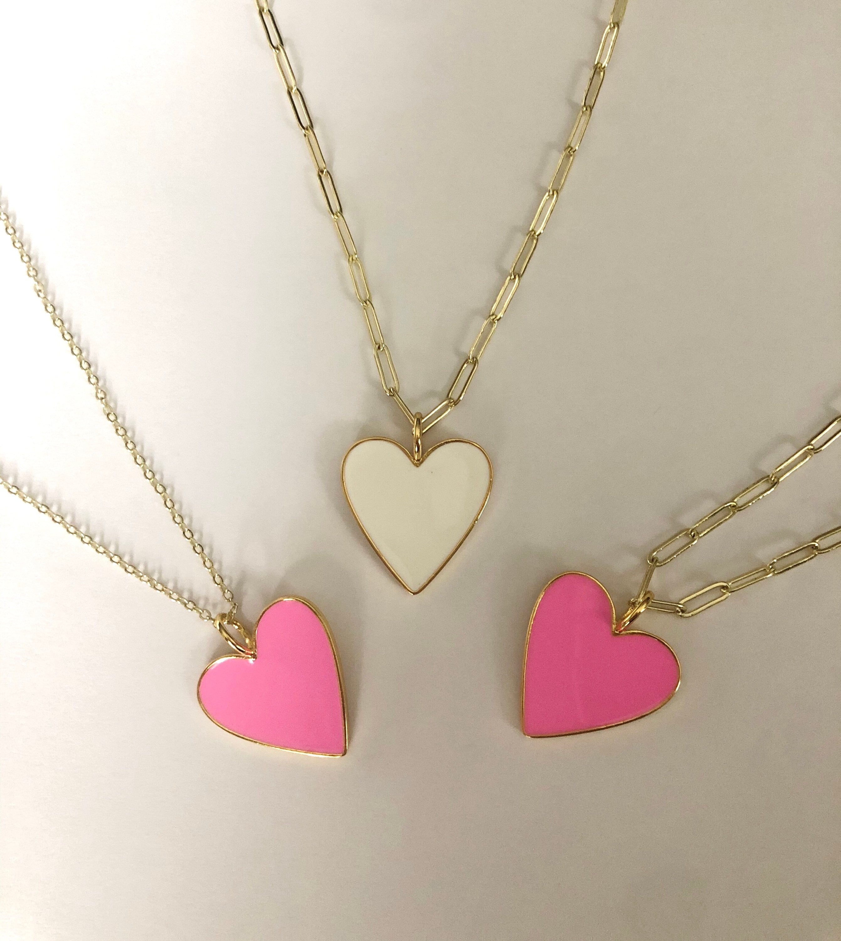 Neon Pink White Heart Enamel Charm Preppy Necklace Paperclip Chain Je…