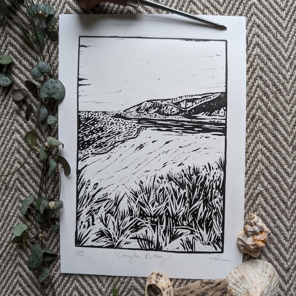 Croyde Beach, North Devon landscape Original Lino Print