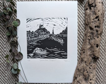 Ilfracombe Harbour, North Devon landscape Original Lino Print