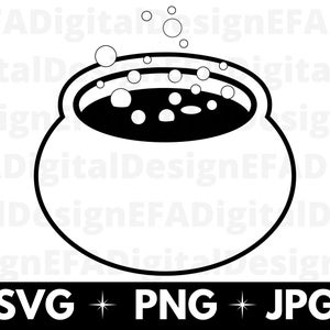 Puede incluir: Ilustración en blanco y negro de línea de un caldero con líquido burbujeante en su interior. El caldero es redondo con un borde ancho y un asa a cada lado. Hay burbujas que suben del líquido.