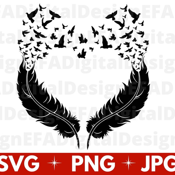 Feather with Birds SVG Cut File, Heart Illustration, Birds of a Feather, Angel Feather Clipart