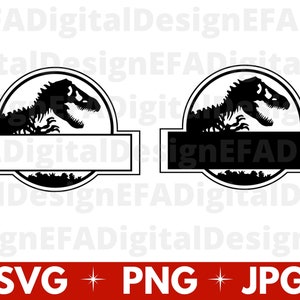 Peut inclure: Silhouette noire et blanche d'un dinosaure dans un cercle avec une bannière en dessous. La bannière est vide et peut être personnalisée avec du texte. L'image est un téléchargement numérique pour des projets d'artisanat.