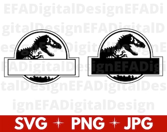 May include: Black and white silhouette of a dinosaur in a circle with a banner underneath. The banner is blank and can be customised with text. The image is a digital download for crafting projects.