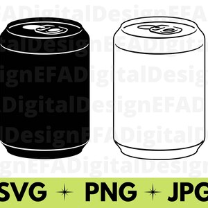 May include: A black and white illustration of a can with a pull tab. The can is shown in both a filled-in and outline style.