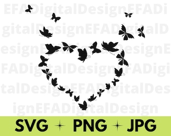 May include: Black silhouette of butterflies arranged in a heart shape. The butterflies are all facing the same direction and are evenly spaced apart. The heart shape is outlined by the butterflies and is filled with white space.