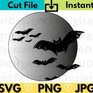 Moon and Bat SVG Cut Files, Halloween Moon Clipart Cut Files, SVG, Clipart, Shirt Design, Cricut File, Cut file, Instant Download