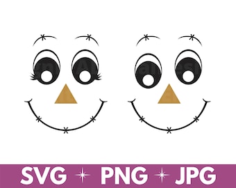 May include: Two black and white scarecrow faces with a brown triangle nose and eyelashes. The faces are smiling with stitched lines for a mouth.