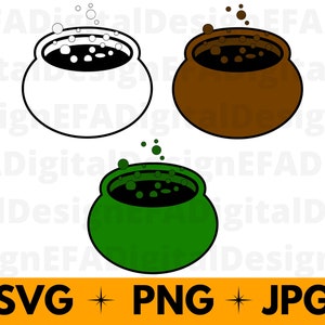 Puede incluir: Tres calderos con líquido negro burbujeante en su interior. Los calderos son negro, marrón y verde. El caldero negro está contorneado en negro, el caldero marrón está contorneado en negro y el caldero verde está contorneado en negro.