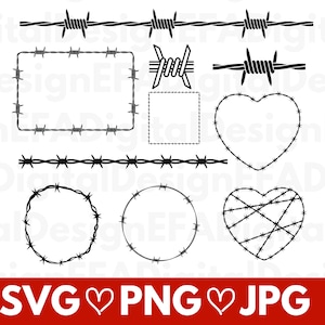 May include: A set of eight black barbed wire designs, including a square, a heart, a circle, and a straight line. The designs are perfect for crafting projects, scrapbooking, or adding a touch of edgy style to your designs.