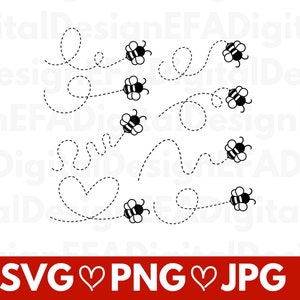 May include: Black and white illustration of bees flying in a heart shape with dotted lines. The text "SVG♡PNG♡JPG" is at the bottom of the image.
