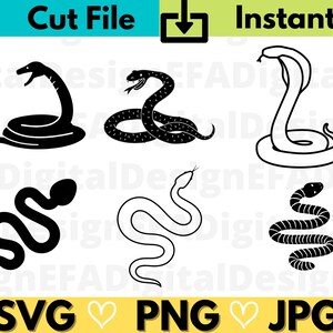 Può includere: Set di sei illustrazioni di silhouette di serpenti in bianco e nero. I serpenti sono in varie pose, tra cui arrotolati, striscianti e con la testa alzata. Le illustrazioni sono perfette per progetti di artigianato, scrapbooking o design digitale.