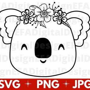 Koala with Flower SVG Cut File, Koala Svg file, Cute Koala Bear Svg file, Animal Face, Australia Svg Digital Download, Digital File Png, Jpg