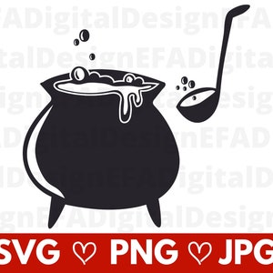 Puede incluir: Caldero negro con líquido burbujeante y un cucharón, un diseño temático de Halloween. El caldero tiene tres patas y un borde curvo. El cucharón es curvo con un cuenco redondo. La imagen incluye el texto "SVG PNG JPG".