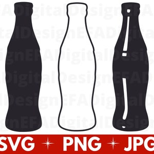 Może przedstawiać: Trzy czarne i białe sylwetki szklanej butelki z wąską szyjką i zaokrąglonym korpusem. Butelka jest powszechnym kształtem dla napojów gazowanych lub innych napojów.