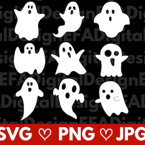 Può includere: Un set di nove illustrazioni di fantasmi bianchi in varie pose, perfetto per mestieri e progetti di Halloween.  SVG PNG JPG.