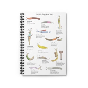 May include: A colorful illustrated guide to different types of slugs, each with a unique personality and description. The guide features a variety of slug species, including the Large Red Slug, Leopard Slug, Thread Slug, Greenhouse Slug, Banana Slug, Jumping Slug, and more.  The guide is titled "Which Slug Are You?"
