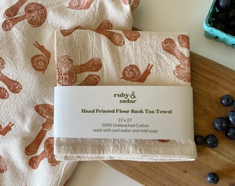 hand printed flour sack tea towel | mushroom kitchen towel | unbleached cotton towel with print | large kitchen cloth