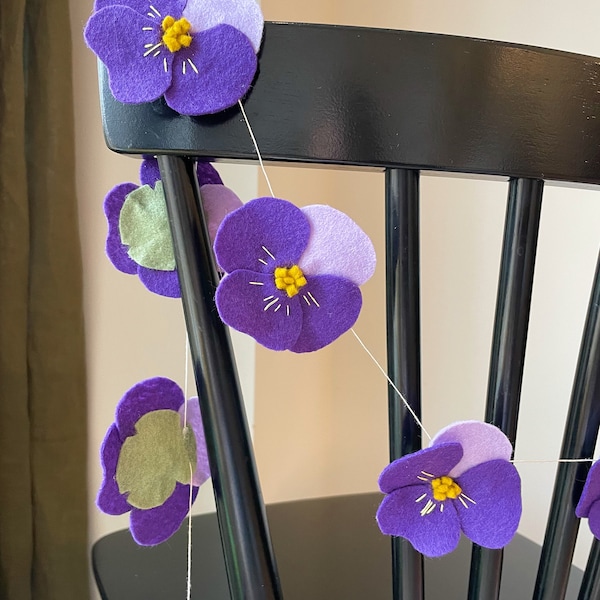 Pansy Felt Garland | Spring Decor | Violet Flower | Seasonal Accent | Floral Wall Hanging | nursery decor | little girls room art