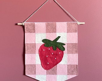 felt strawberry gingham wall hanging | nursery decor | little girls room decoration | pink decor accent | vintage vibes decor | girly