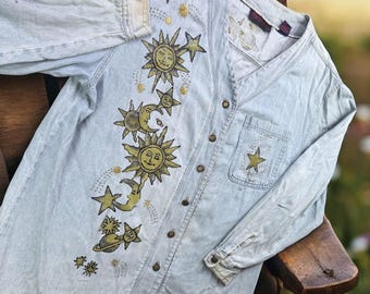 Vintage Giorgio Sant'Angelo Shirt Women L Hand Art Sun Moon Celestial Denim