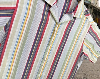 Vintage Kings Road Shirt Mens Small 70s Sears Camp Collar Striped Short Sleeve