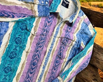 Vintage Wrangler Shirt Mens XL 17.5 Aztec Western Pearl Snap Southwestern 90s
