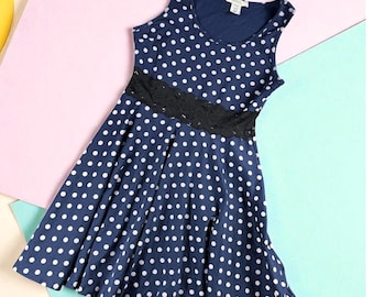 Vintage jurk met wilde madeliefjes M polkadot zwarte kanten taille boho cocktailparty preppy