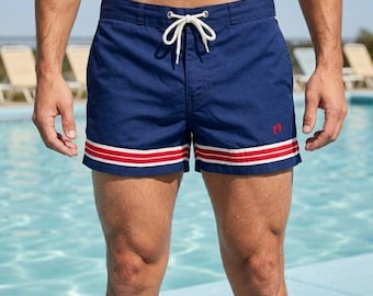 Vintage Hang Ten-boardshort heren 34 blauw gestreepte retro surfzwembroek heren 70's 80's