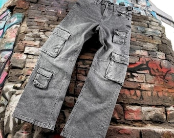 VTG ChicConnect Jeans Women 5 Cargo Utility Grey Acid Wash Buckle Side Tab Y2K