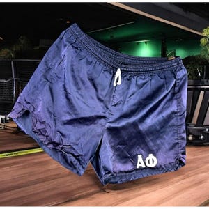 Vintage Alpha Phi Sorority Shorts Stora Damer Glänsande Dodger Dazzle Satin Patched