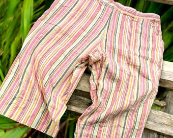 Vintage Erika Pants Womens 1X Multi Stripe Linen Cotton Crop Summer Capris VTG