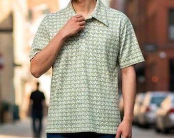 Vintage supergebreide poloshirt heren XL groene geometrische gebreide top met korte mouwen