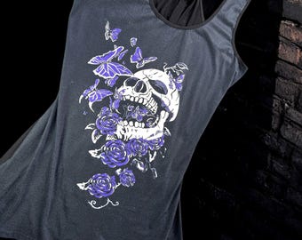 VTG Hot Topic Miniklänning Dam 2XL Dödskalle Lila Rosor Fjärilar Goth Emo Y2K