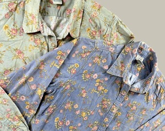 2 camisas vintage de pana L.L. Bean para mujer, talla XL, color azul verdoso, estampado floral, con botones delanteros.