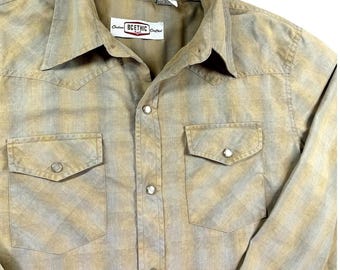 VTG BC Ethic Shirt Homme M Pearl Snap Plaid Western Beige Cowboy Rancher Rodeo