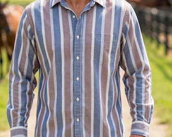 Hunt Club-shirt heren XLT blauw bruin gestreepte vintage top met lange mouwen en button-down;