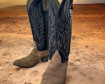 Vintage Texas Brand Boots Women 7M Tan Suede Black Leather Cowboy Western 80s