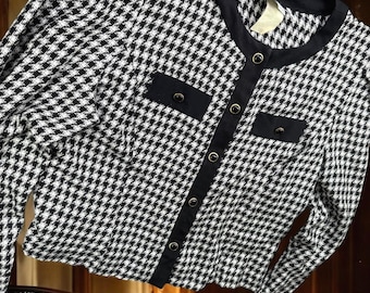 Vintage des années 80 JT robe veste femme 10 boutons rayonne pied-de-poule noir Made USA
