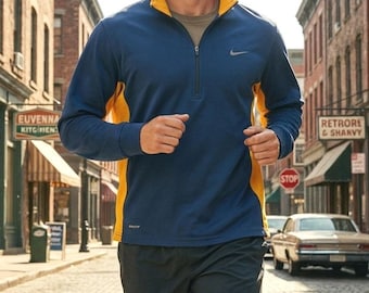 ヴィンテージ ナイキ Dri-Fit 1/4ジップ プルオーバー メンズ M ブルー イエロー アメリカ製 90年代 ジム ランニング