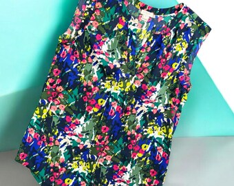 J.Crew Blouse Femme 0 Multicolore Floral Sans manches Col en V Plissé vintage Chic
